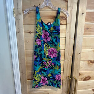 Vintage Women's Looking Good Blue Pink Floral Rayon Tank Dress M